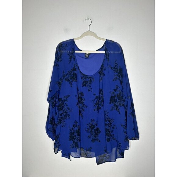 Torrid Floral Print Top Black Bright Blue Chiffon Split Tulip Back Womens Size 3 - Picture 2 of 11